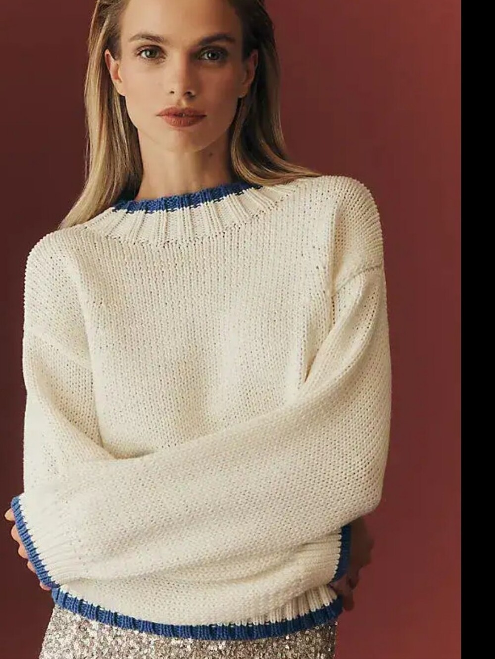 Maeve Cream Sweater with Blue Trim